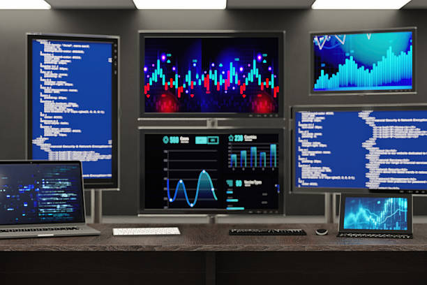 Multiple Monitors Showing Code and Data Visualizations. 3D Render Multiple Monitors Showing Code and Data Visualizations. 3D Render