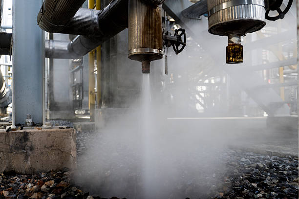 A controlled steam release from an industrial pressure relief system, showing vent piping, mist flow, and safety operations within a petrochemical facility.