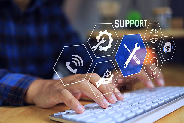 Technical support and customer service concept with man using computer to searching the support channels or answer the question from customers about product details and how to use it.