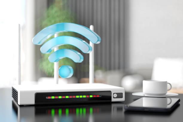 Internet Router with Wifi Sign and Smart Phone in a Modern Living Room. 3D Render